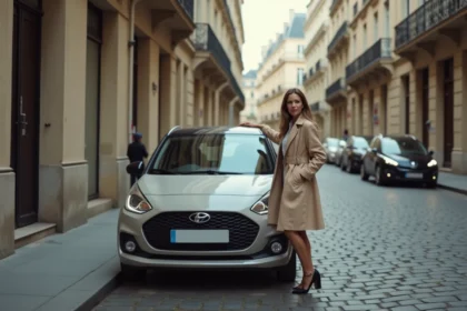 Femme à côté d'une voiture compacte garée dans une rue étroite pavée de Paris, illustrant les dimensions idéales d'une citadine maniable en ville