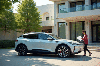 Voiture hybride moderne devant un bâtiment officiel français