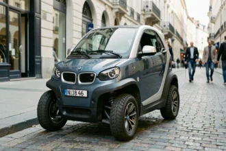 Voiture sans permis de marque BMW garée sur un trottoir urbain européen, vue de face en angle 3/4