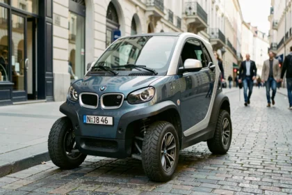 Voiture sans permis de marque BMW garée sur un trottoir urbain européen, vue de face en angle 3/4