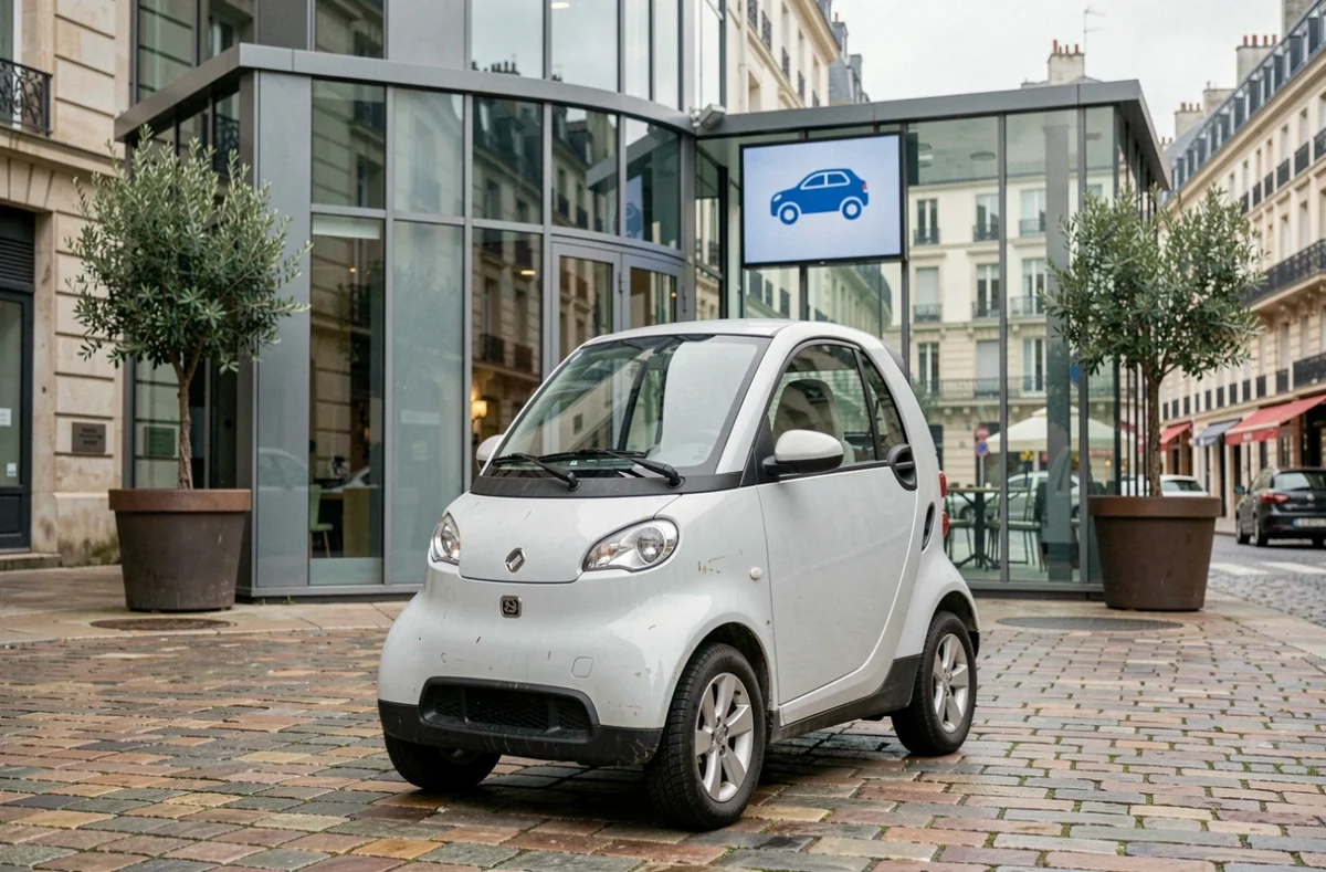 Voiture sans permis compacte garée devant un point de location entre particuliers en centre-ville