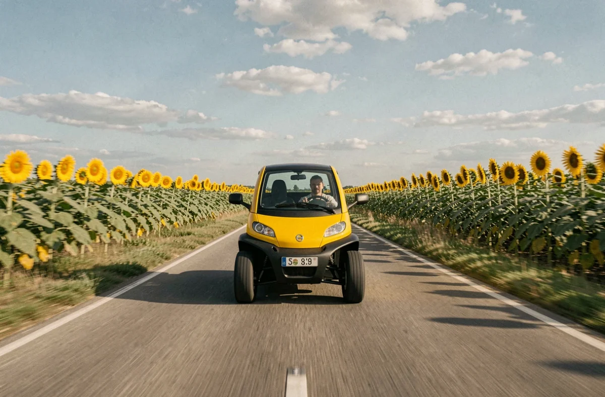 Voiture sans permis en circulation sur une route de campagne française entourée de champs de tournesols