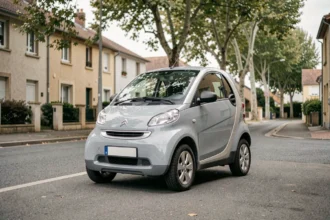 Voiture sans permis de type quadricycle léger garée dans une rue résidentielle française