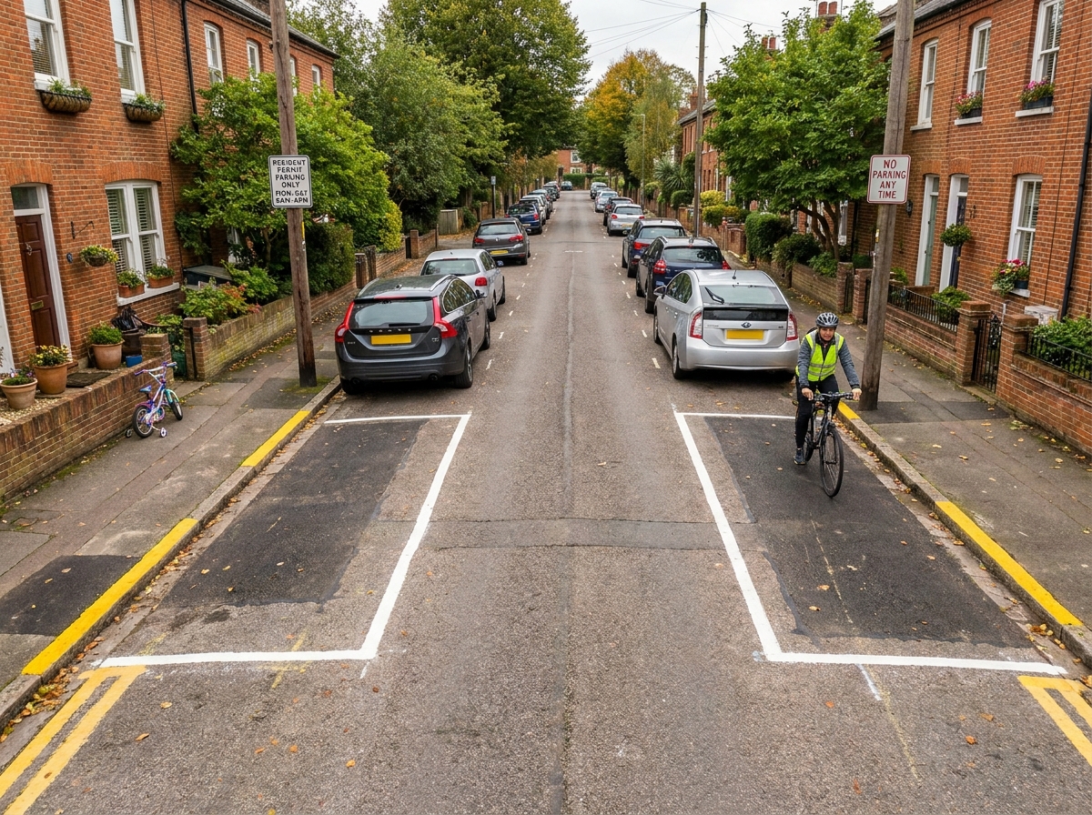Vue large d'une rue résidentielle organisée avec marquages au sol de stationnement, panneaux de signalisation et voitures bien garées dans les zones autorisées