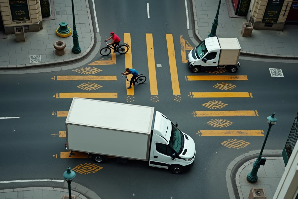 Vue aérienne d'un carrefour parisien avec marquages pointillés de zone de livraison sur l'asphalte et camion de livraison en stationnement