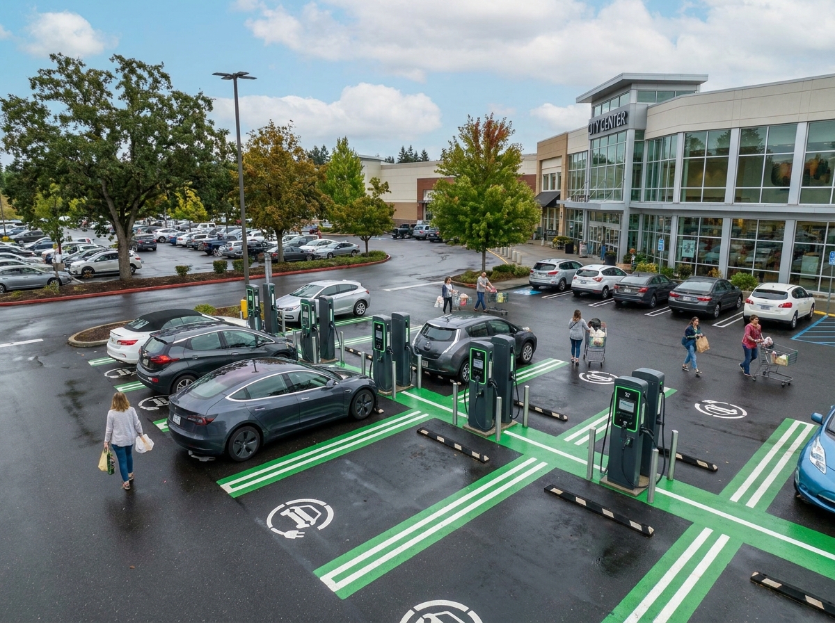 Vue en hauteur d'une zone de bornes de recharge électrique aménagée dans un parking de zone commerciale